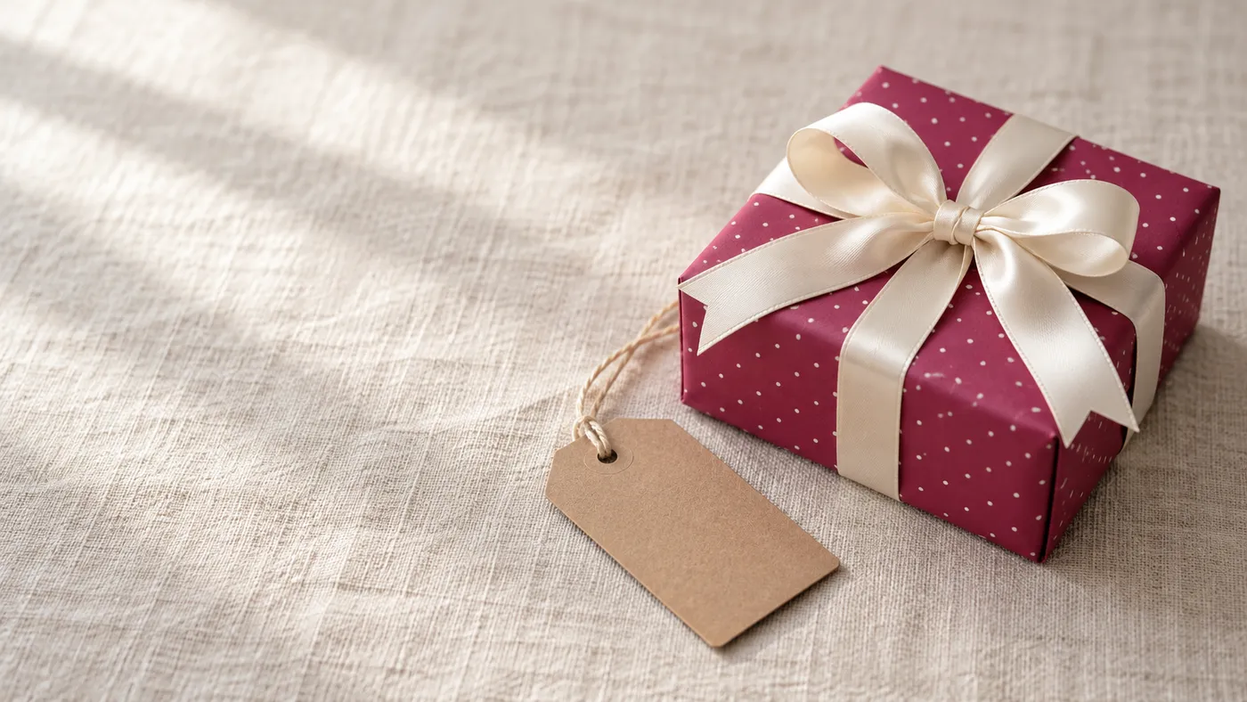 Illustration: kleines Geschenk in magentafarbenem Papier mit weißen Punkten und cremefarbener Satinschleife, daneben ein leerer Anhänger aus Kraftpapier