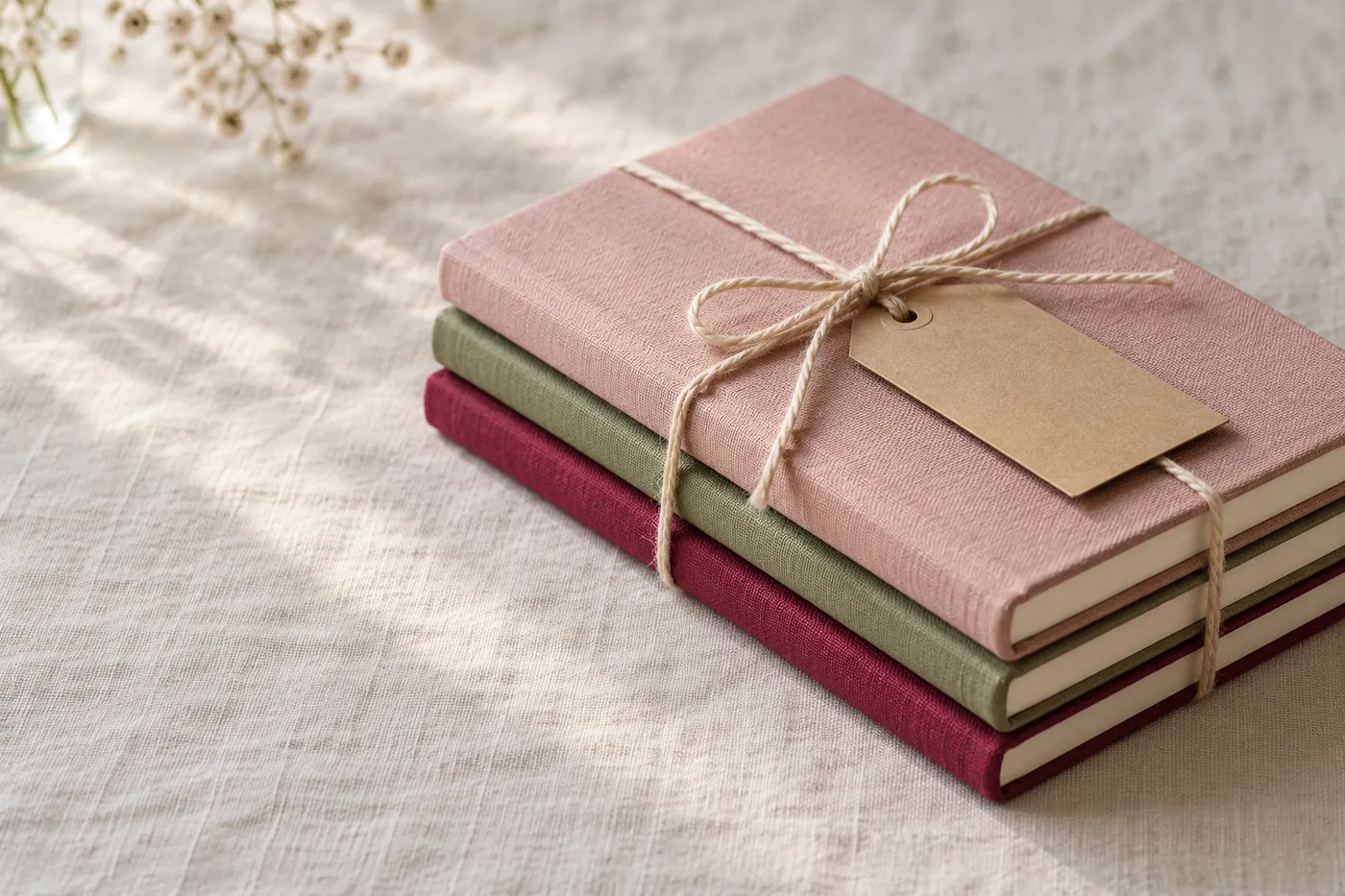 Illustration: drei schmale Notizbücher mit Leineneinband in Rosa, Salbeigrün und Magenta, mit Baumwollkordel zu einem Päckchen gebunden, darunter ein leerer Anhänger aus Kraftpapier
