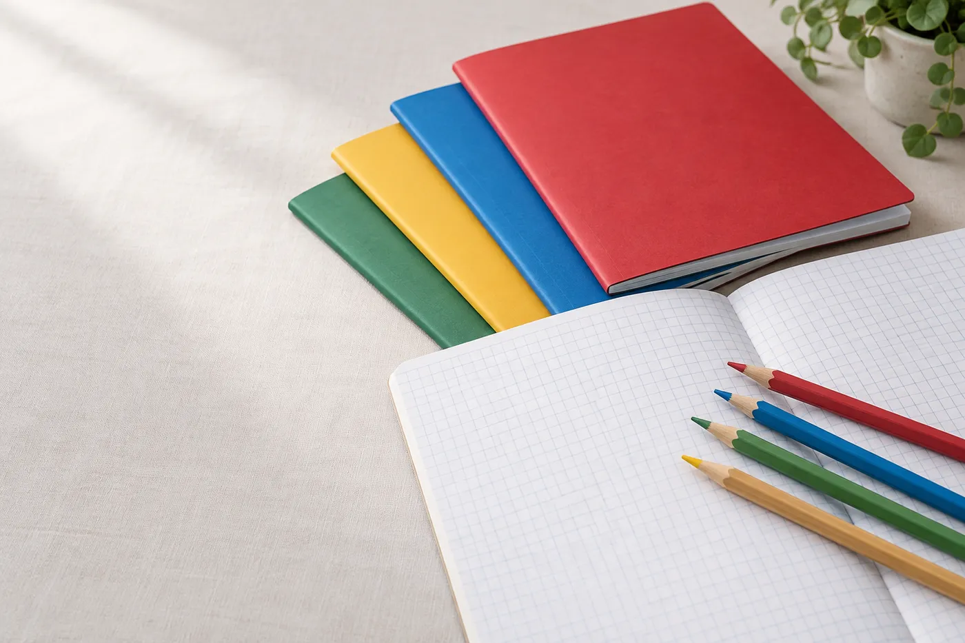 Illustration: Stapel Schulhefte mit roten, blauen, gelben und grünen Umschlägen, davor ein aufgeschlagenes kariertes Heft mit vier Buntstiften